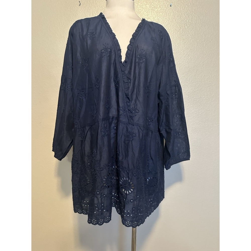 NWT J.JILL Everyday Blouse 3/4 Sleeve Peplum Ruffle V Neck Navy Eyelet Women XLT - Picture 1 of 7